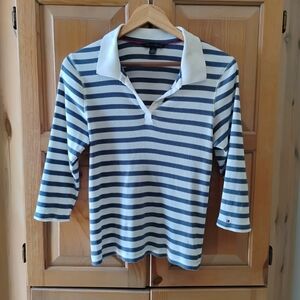 Tommy Hilfiger Sailor V-neck Navy and Cream Striped Top Sz L